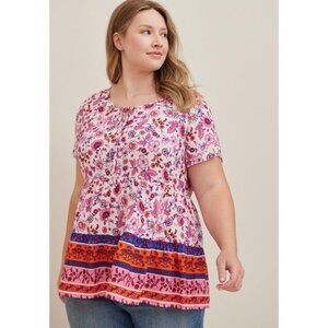 Torrid Babydoll Rayon Slub Tie-Front Top‎ Floral Bohemian Blouse Short Sleeve 2X